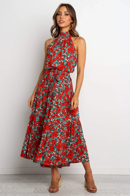 Halter Neck Large Hemline Maxi Dress Red