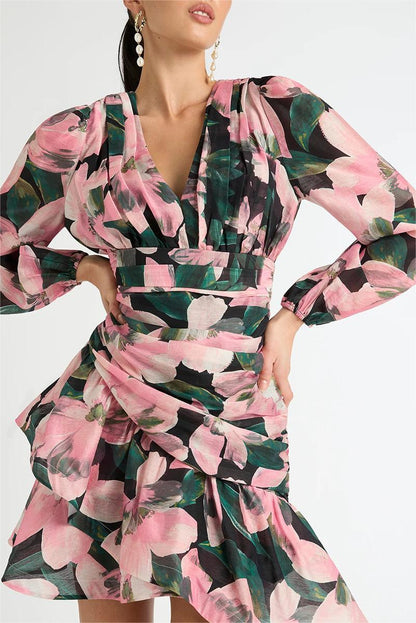 Long Sleeve V-neck Pleated Mini Dress Pink