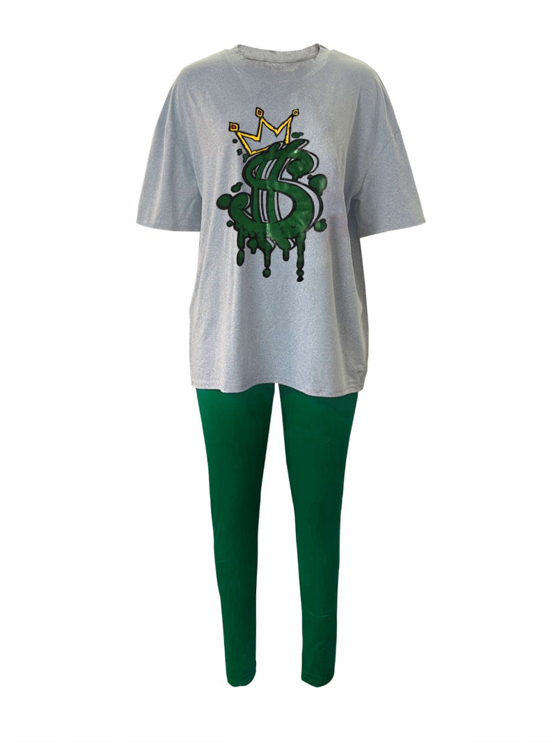 Crown Letter Print Pants Set Y2k Summer Round Neck Graphic T-shirt