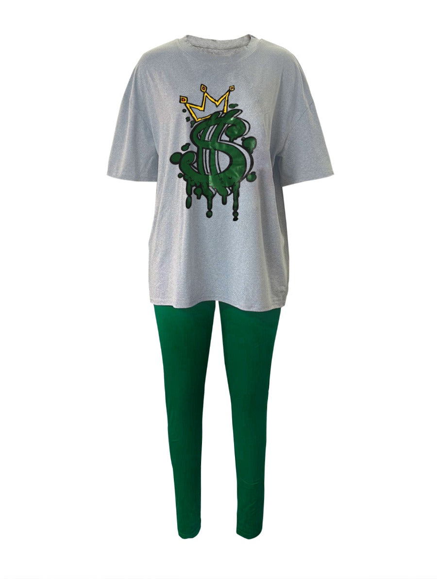 Crown Letter Print Pants Set Y2k Summer Round Neck Graphic T-shirt