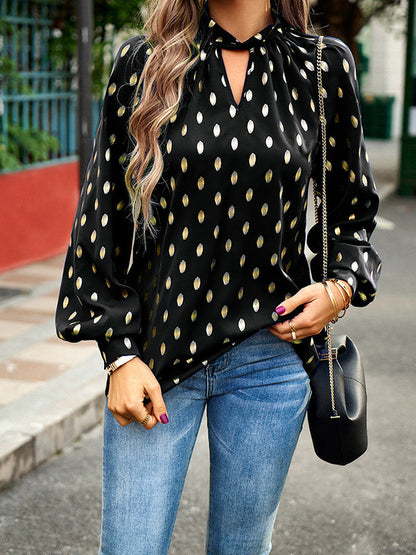 Long Sleeves Loose Bronzing Hollow Mock Neck Blouses&shirts Tops
