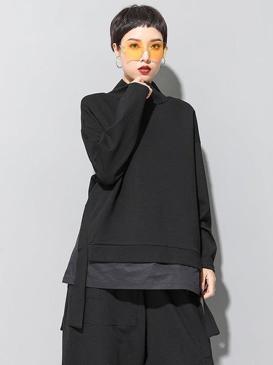 Black False-two Split-joint High-neck Sweatshirt T-shirt