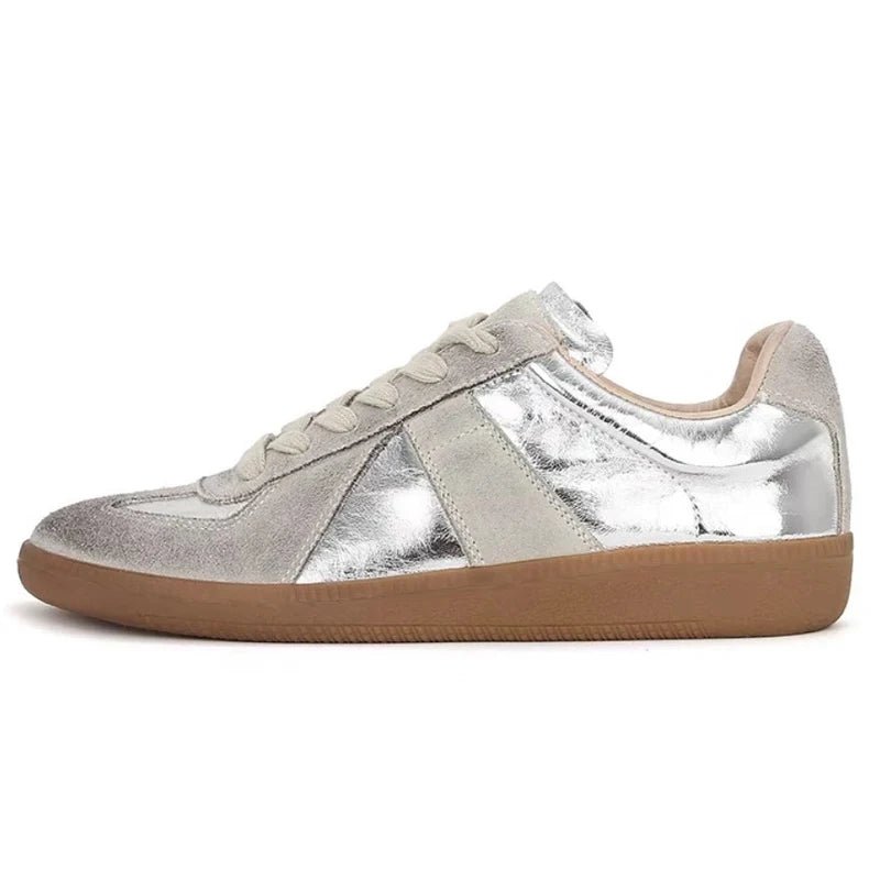 Genuine Leather Silver Sneakers - Lace-up Athletic Flats