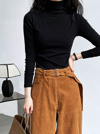 Long Sleeves Skinny Color Split-joint High Neck T-shirts