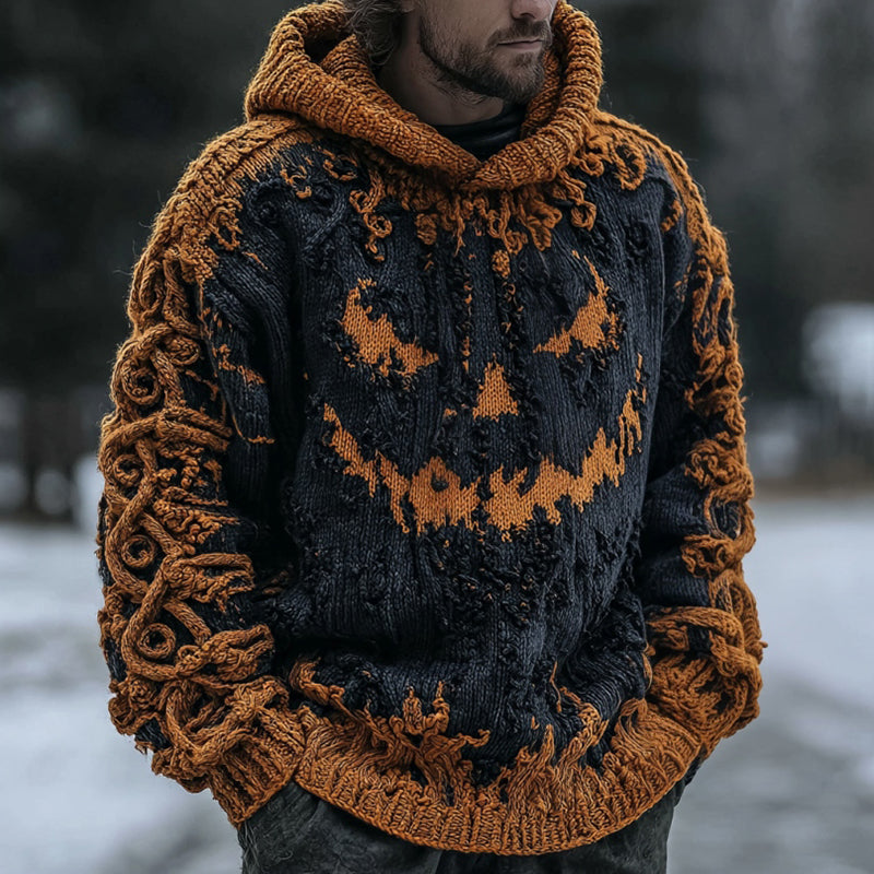 Men's Halloween Pumpkin Face Contrast Knit Hooded Sweater artswardrobe