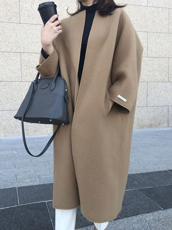 Long Sleeves Loose Color Collarless Woolen Coat