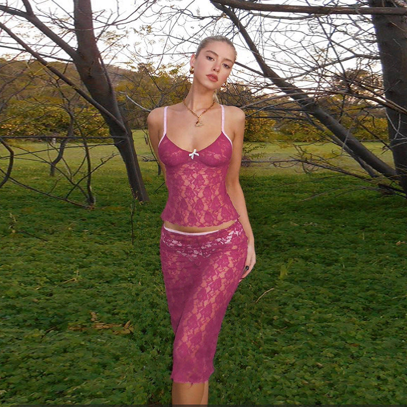 Autumn Winter Clothing Sling Collar Slim-fit Tank Top Hip Lace Skirt Set