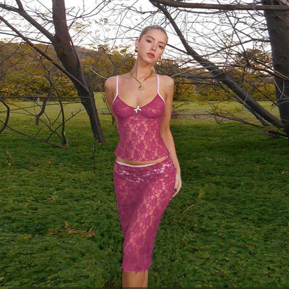 Autumn Winter Clothing Sling Collar Slim-fit Tank Top Hip Lace Skirt Set