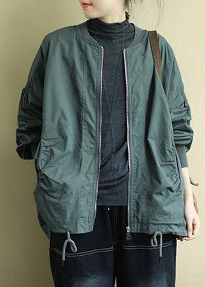 Green Zippered Pockets Low High Design Fall Coat Long Sleeve