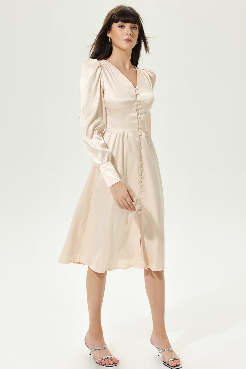 Lantern Sleeve V-neck Buttoned Midi Dress White