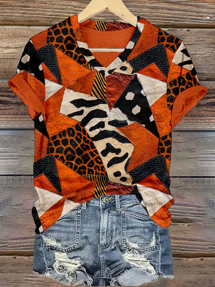 Fall Leather Patchwork Pattern Comfy T Shirt artswardrobe