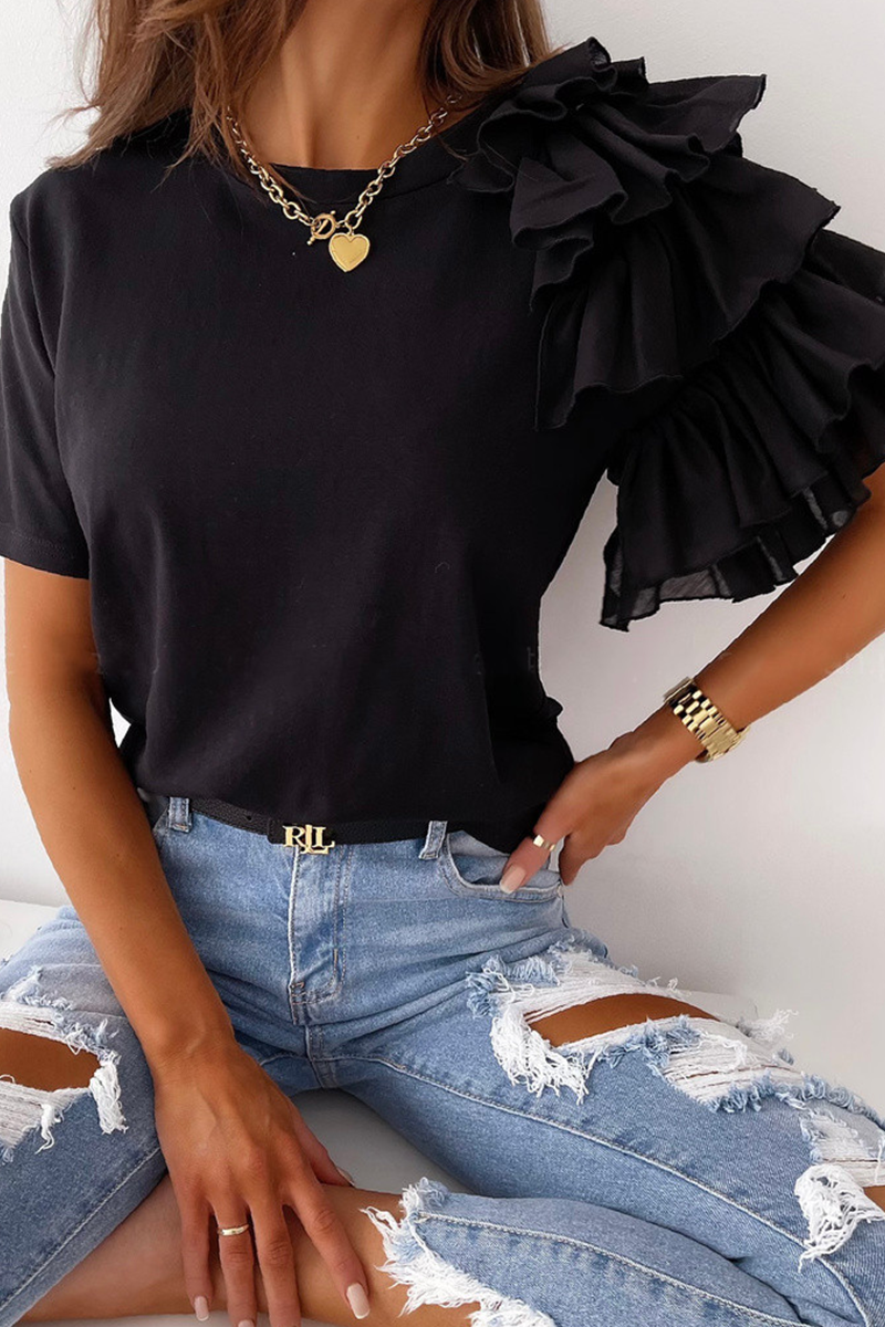 Patchwork Flounce O Neck T-shirts(4 Colors)