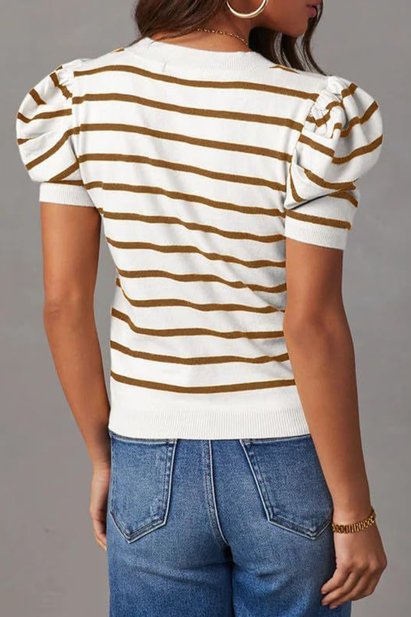 Stripe Ruched Weave O Neck T-shirts(5 Colors)