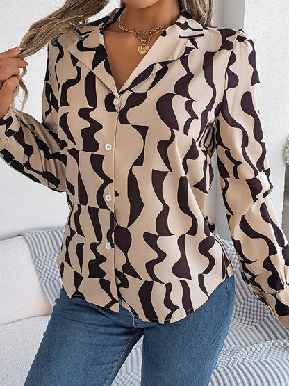 Long Sleeves Buttoned Contrast Color Notched Collar Blouses&shirts Tops
