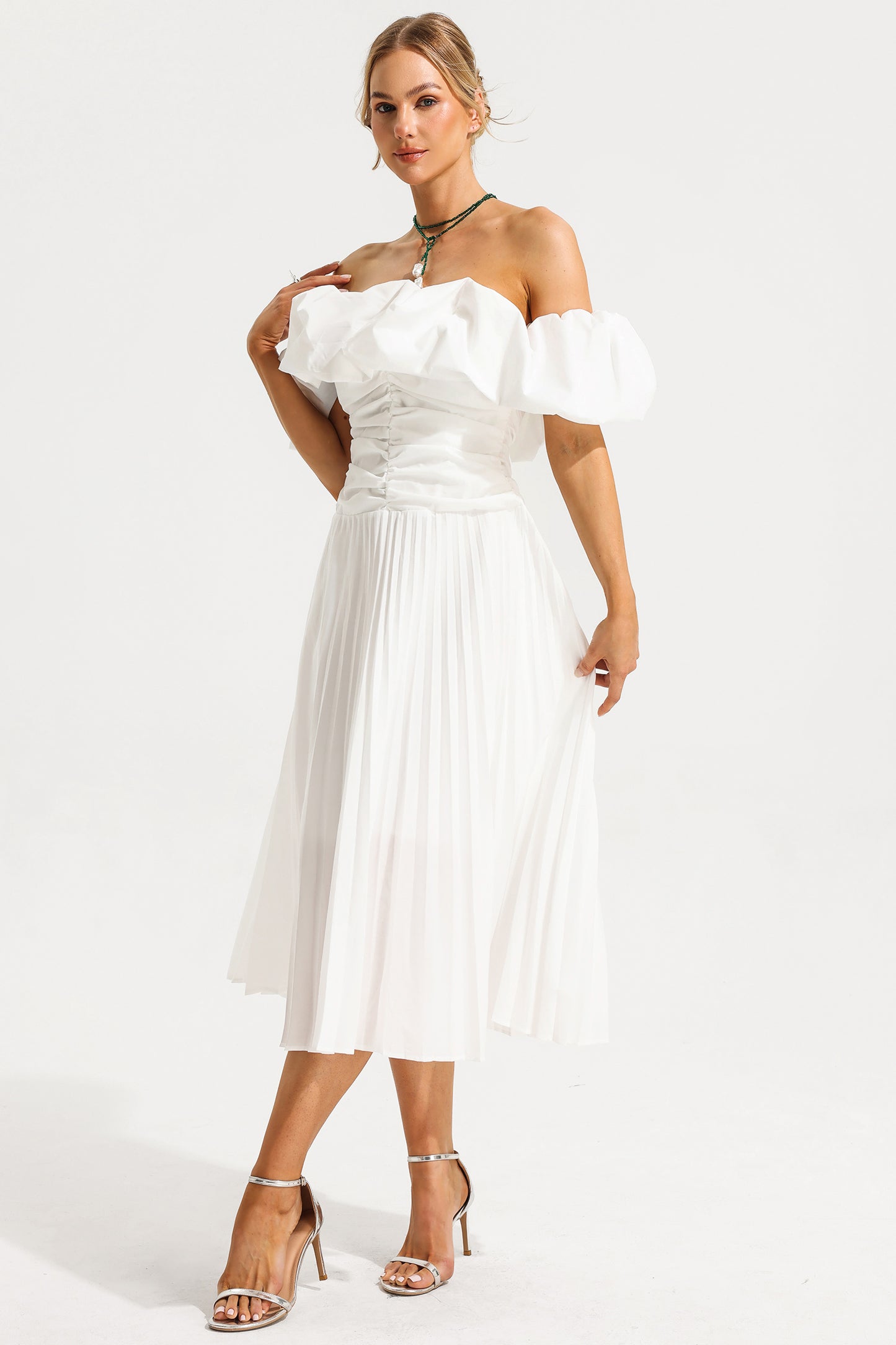 Off-shoulder Puff Sleeve Pleated Midi Dress White