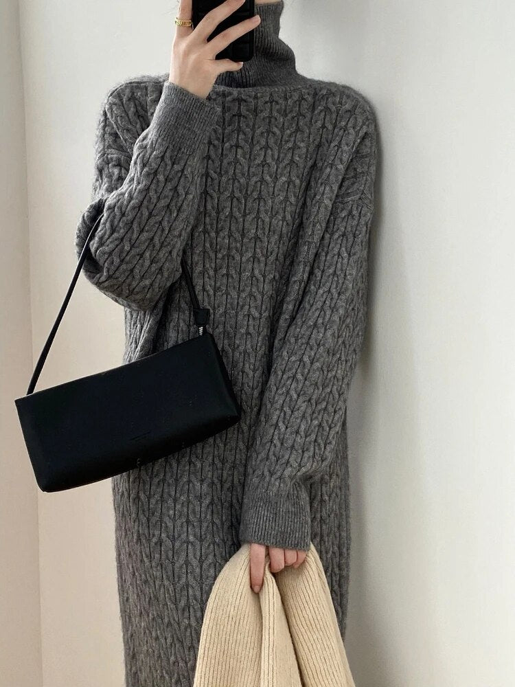 Taruxy Knitted Long Dress Loose Long Sleeve Turtleneck Pullover Femme Retro Warm Sweater Knitwear Cover Up