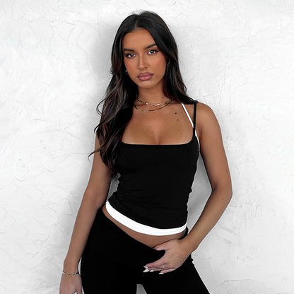 Spring New Adjustable Straps Halter Clash Color Fake Two Piece Square Neck Backless Hottie Girl Style Top