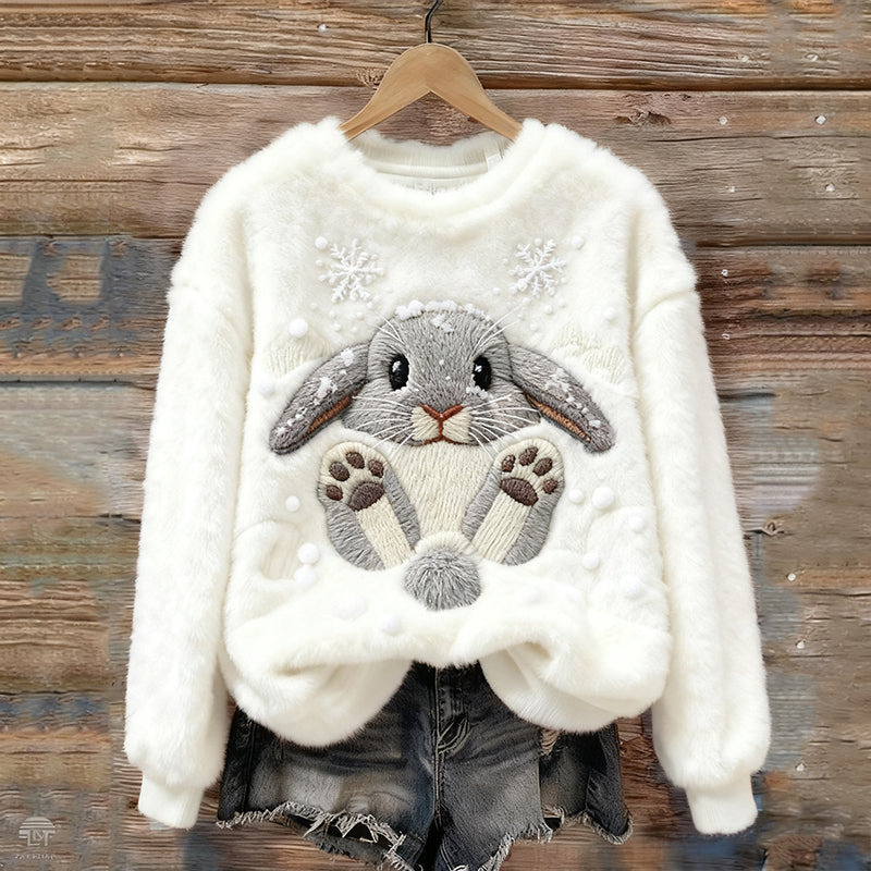 Lovely Bunny & Snow Embroidered Cozy Plush Sweatshirt artswardrobe