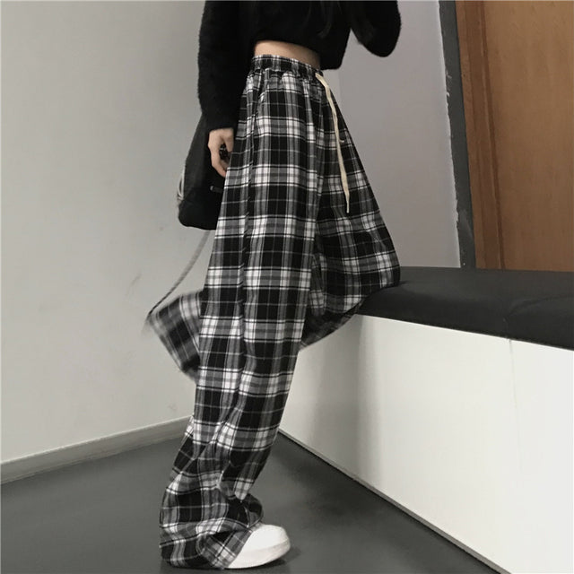 Oversize Sweatpants Black Plaid Pants Baggy Elastic Waist Pockets Student Hip Hop Loose Trousers
