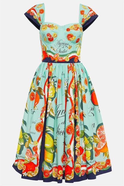 Printed Sleeveless Heart Collar Midi Dress