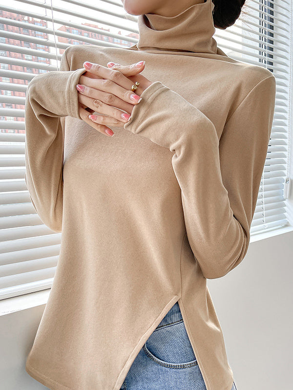 Skinny Long Sleeves Split-side Color High-neck T-shirts Tops