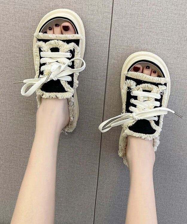 Black Platform Splicing Tassel Lace Up Slide Sandals Jj033