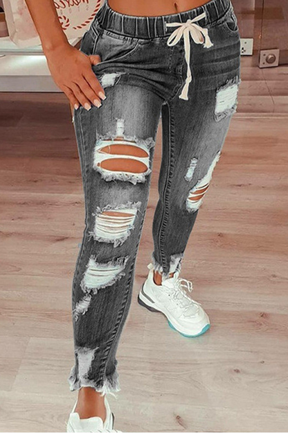 Street Ripped Draw String Skinny Denim Jeans(4 Colors)