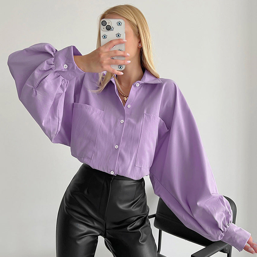 Spring Office Collared Shirt Pocket Batwing Sleeve Cardigan Long Sleeve Top