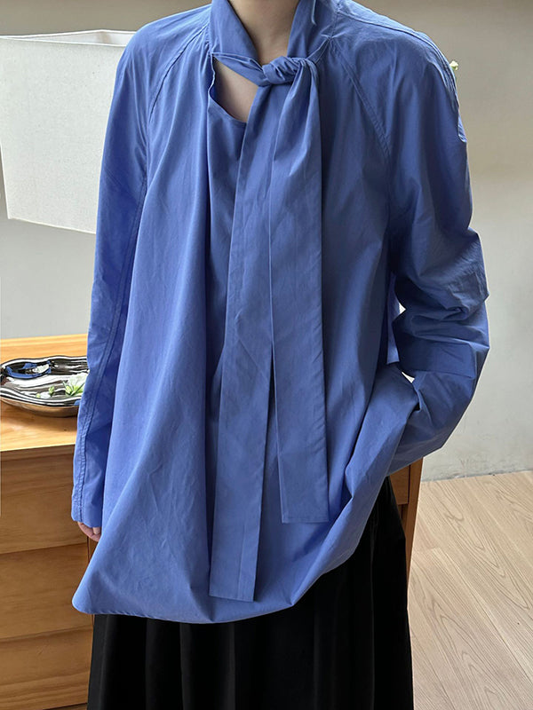 Long Sleeves Loose Color Split-joint Streamer High Neck Blouses