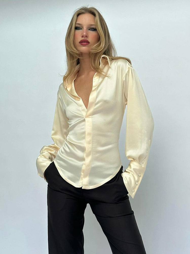 Taruxy Satin Long Sleeve Blouses Back Button Patchwork V Neck Club Party Slim Fit Female Shirt Summer