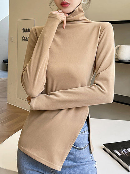 Skinny Long Sleeves Split-side Color High-neck T-shirts Tops