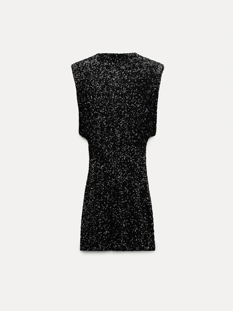 Tossy Sequin Sleeveless Mini Dress for Black Slim Patchwork Glitter Party Dress Gown ’s Dress New
