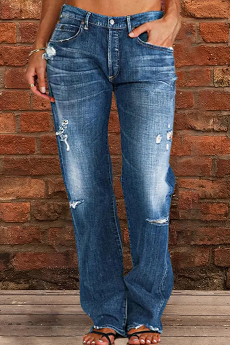 Street Patchwork Ripped Straight Denim Jeans(4 Colors)