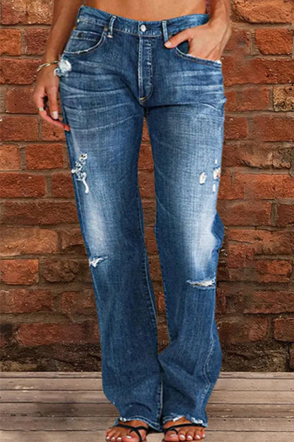 Street Patchwork Ripped Straight Denim Jeans(3 Colors)