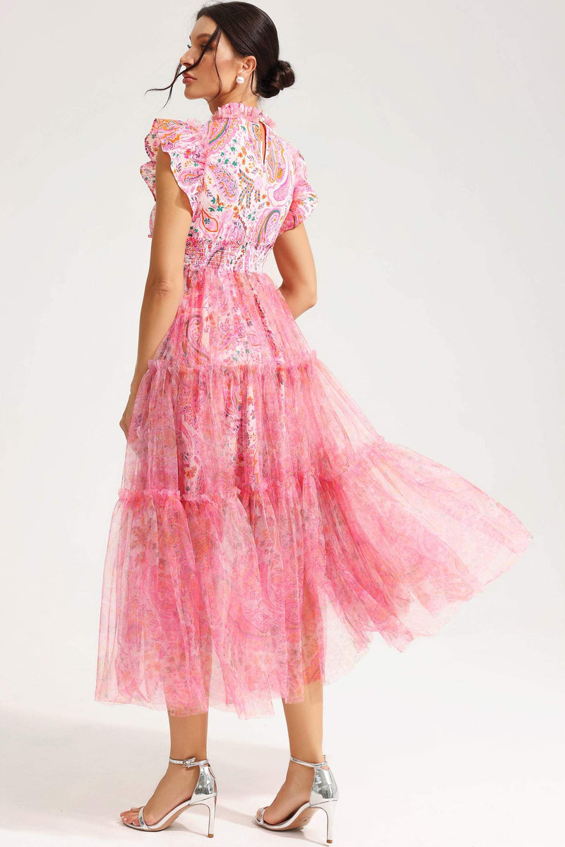 Flutter Sleeve Crew Collar Tapered Waist Midi Dress Pink