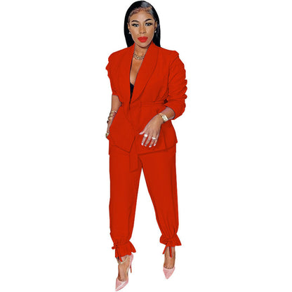 Spring Autumn Color Lace-up Long Sleeve Small Blazer Jogger Pants Suit