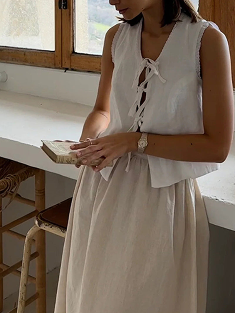 Cotton and Linen Lace-up Sleeveless Vest Suit