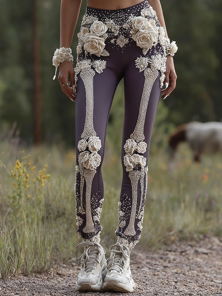Vintage Halloween Skeleton Bones With Rose Art Cozy Knit Leggings artswardrobe