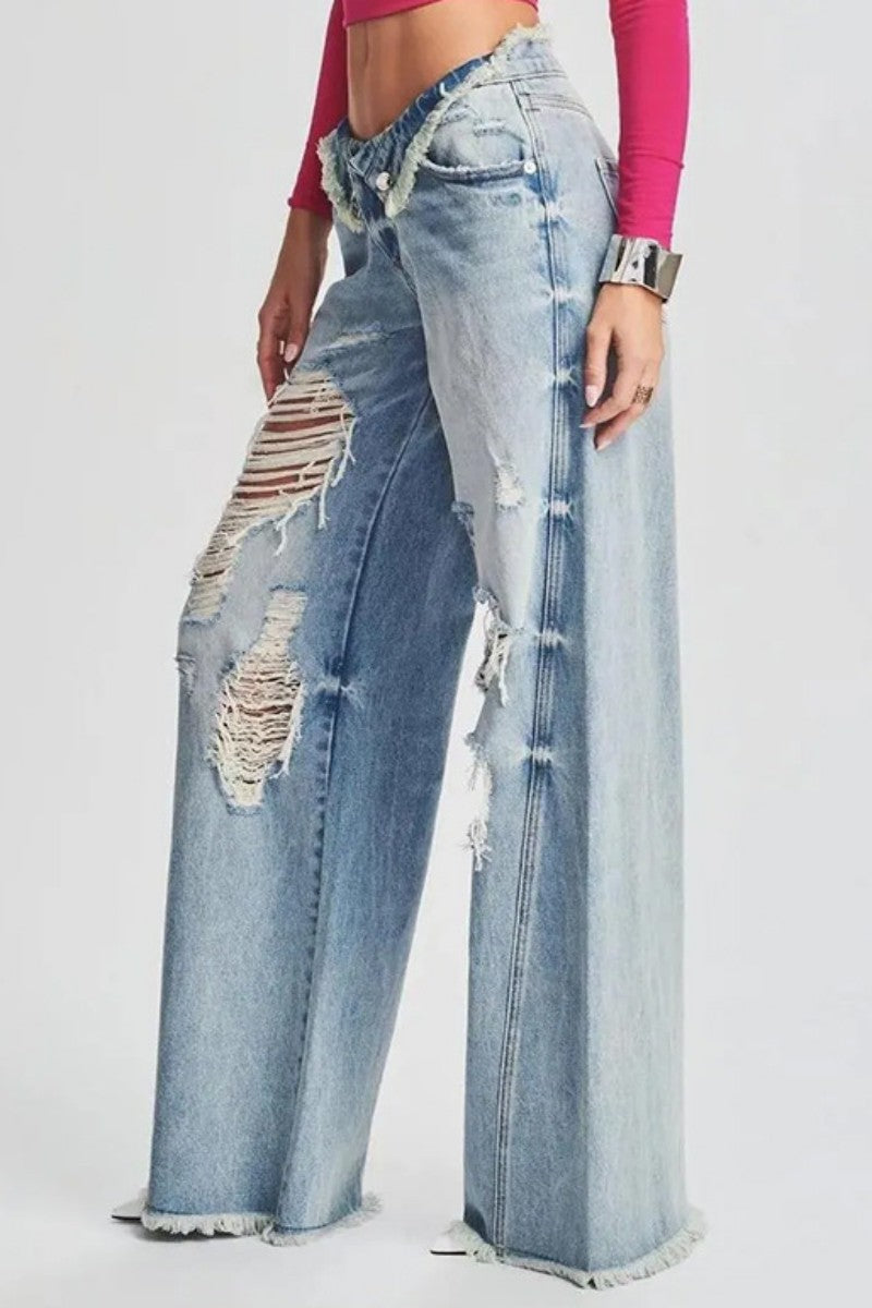 Ripped Patchwork Mid Waist Regular Denim Jeans (subject to the Actual Object)(5 Colors)
