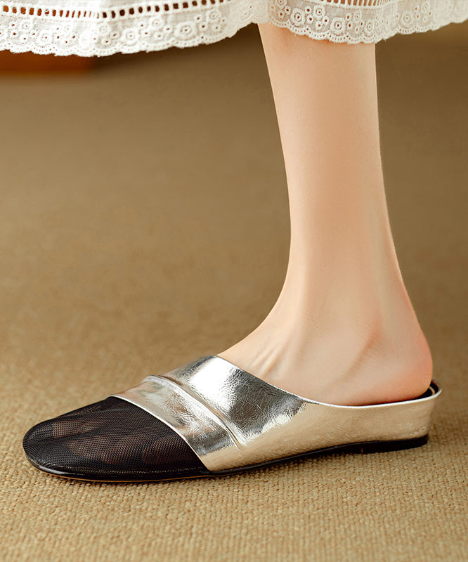 Gold Cowhide Leather Handmade Splicing Tulle Slide Sandals Ap1029