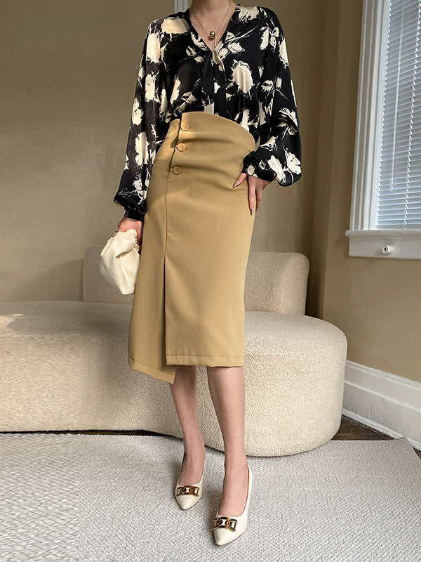 Loose Puff Sleeves Printed V-neck Blouses&shirts Tops