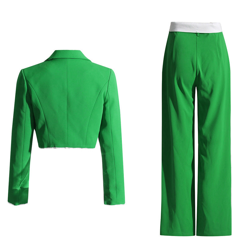 Autumn Short Blazer Flanging High Waist Straight Pants Suit Two Piece Set – Fall Outfit