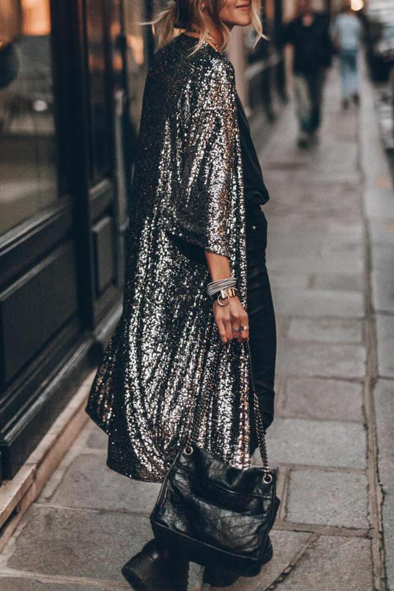 Street Sequins Sequined U Neck Outerwear