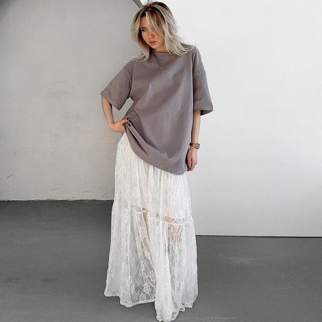 Taruxy Jacquard See-through High-waisted Skirt ’s Summer New Loose A-line Long Skirt Lace Patchwork Color Female