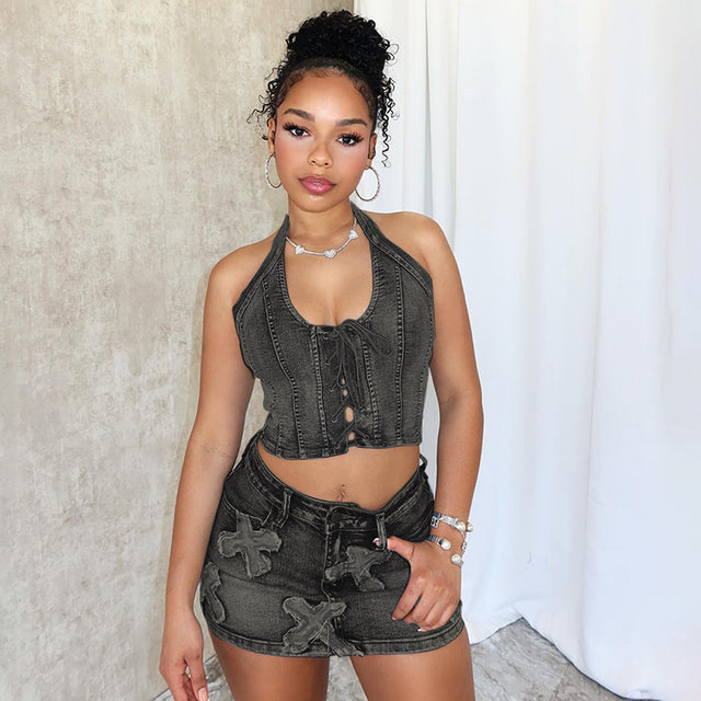 Summer Denim Embroidery Set Sleeveless Bandage Hollow Backless Tops Bodycon Mini Skirts Two Piece