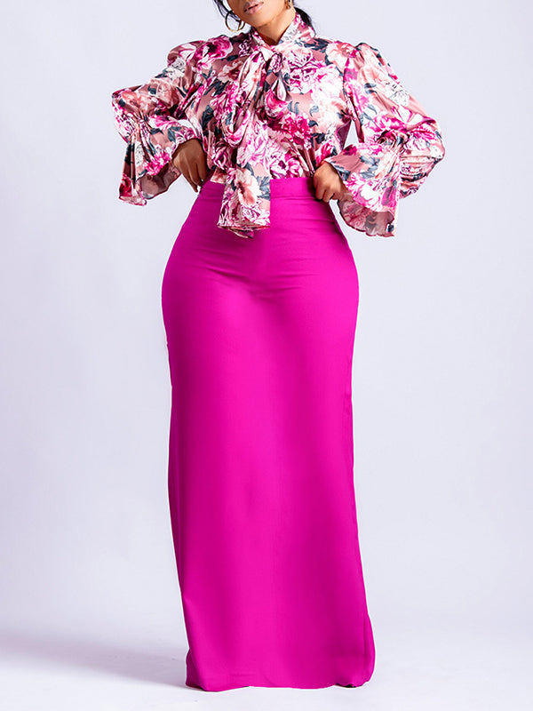 Long Sleeves Printed Blouse + Split-back Color Skirt Two Pieces Set