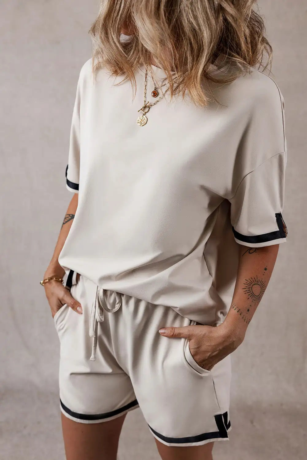 Apricot Color Block Tee and Shorts Set