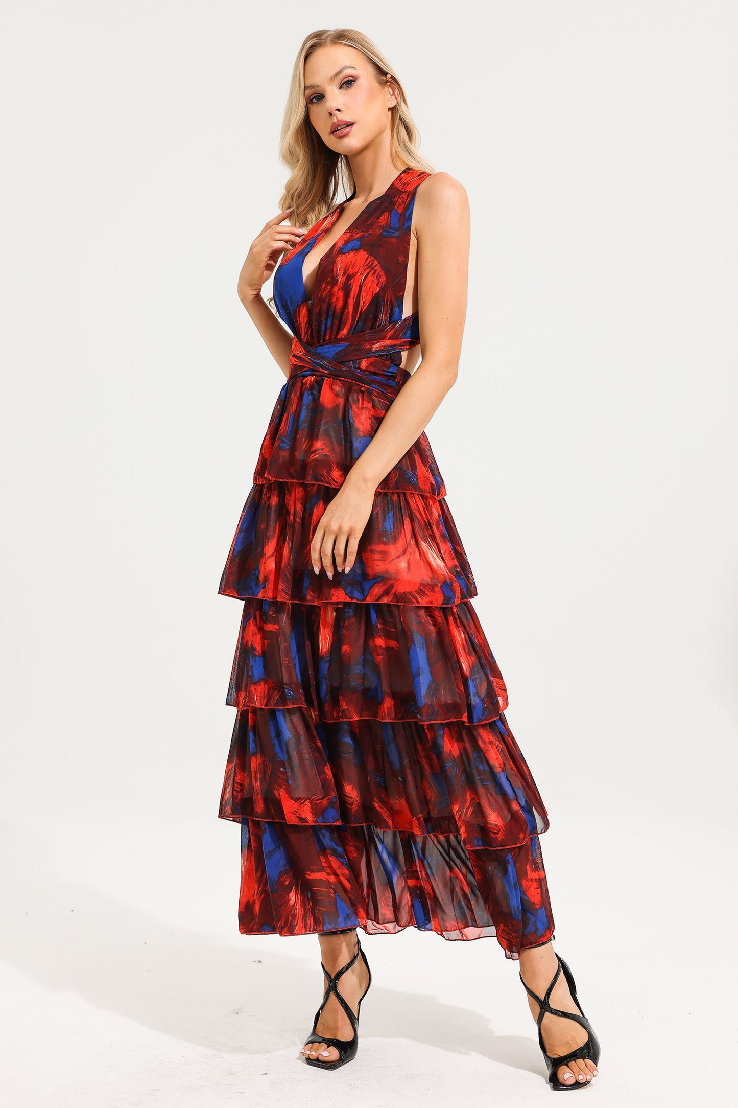 Watercolor Print Halterneck Tiered Maxi Dress