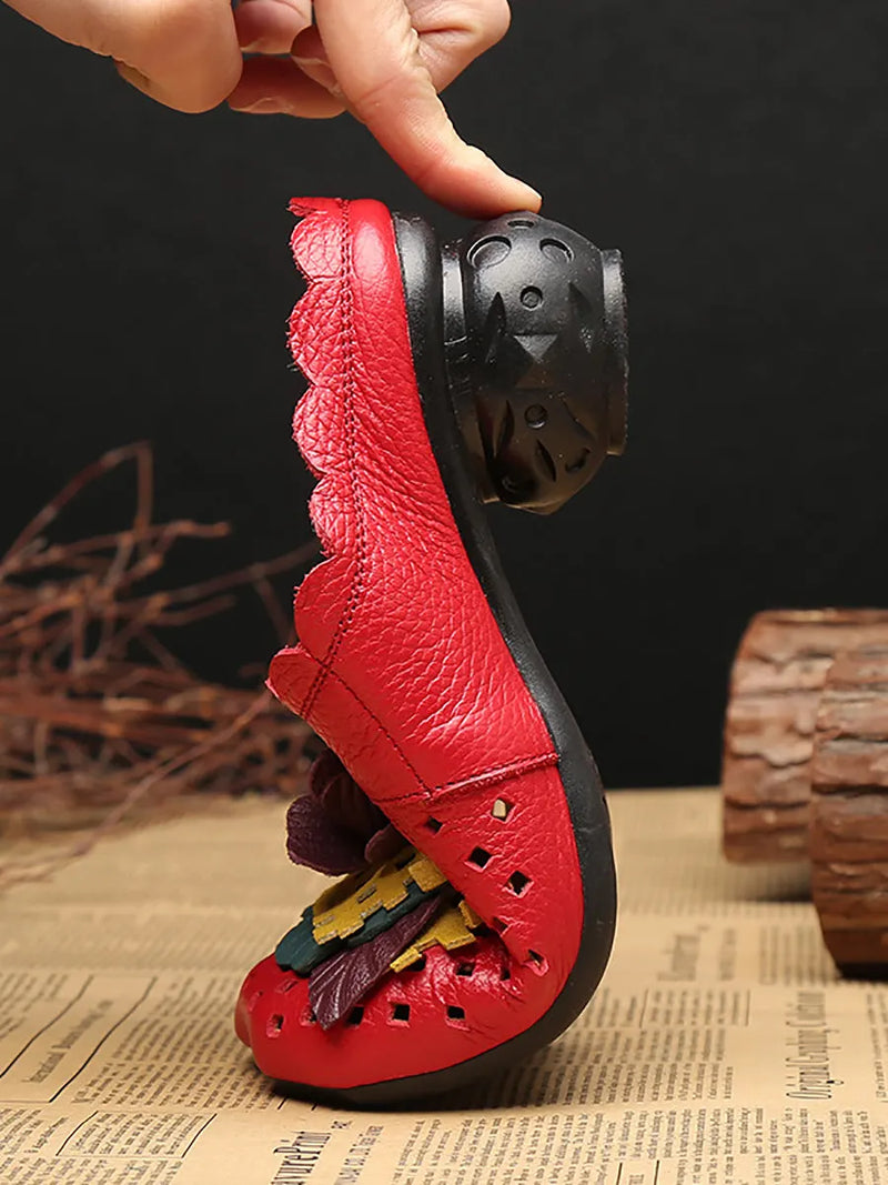 Summer Leather Flower Spliced Low Heel Sandals Fd014