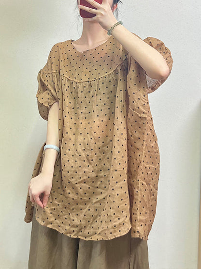 Loose Half Sleeves Polka-dot Split-joint Round-neck Blouses&shirts Tops
